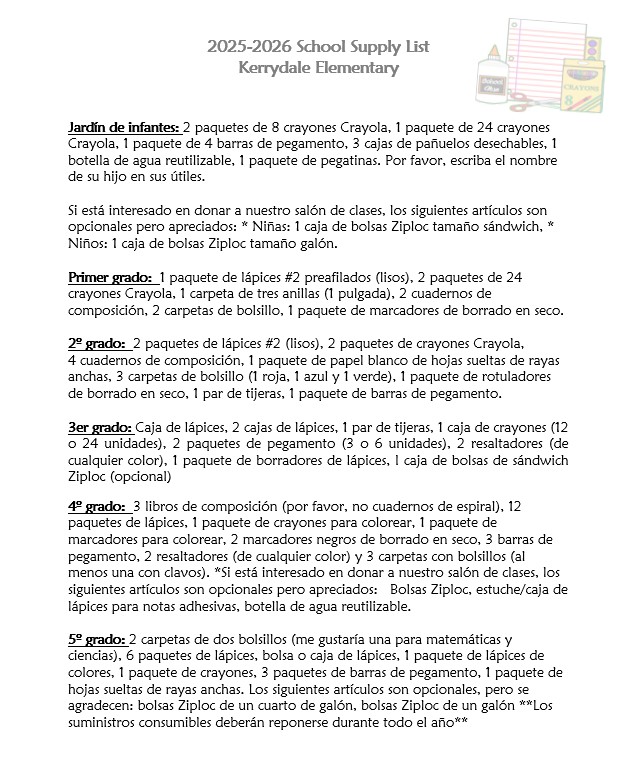 2025-2026 School Supply List in Spanish