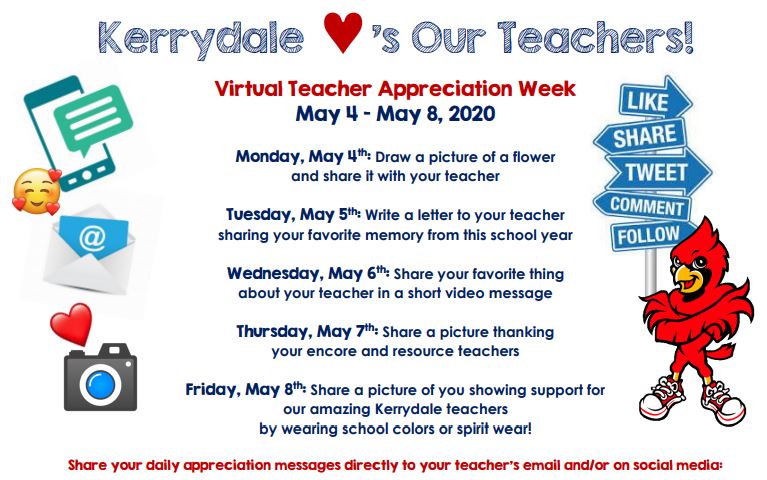 PicKture: Kerrydale Cardinal mascot with emojis cerelebrating teachers apprecation week May 4th - May 8th